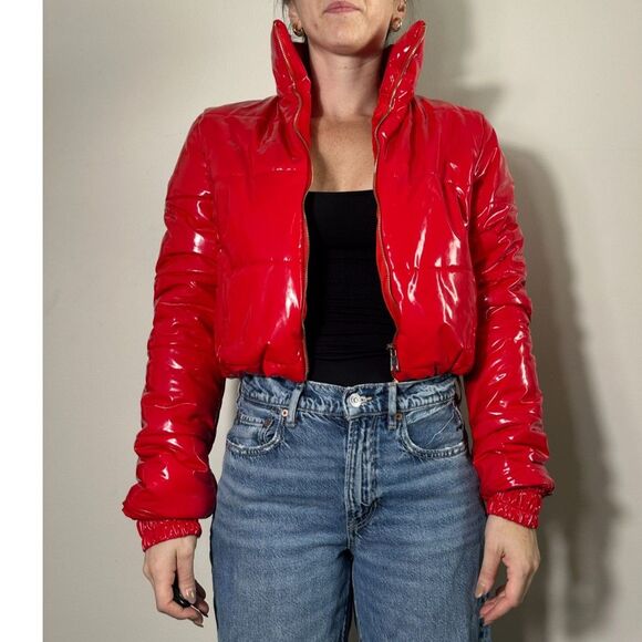 36Points Red Shiny Cropped Bomber Jacket Size Medium - Picture 1 of 5